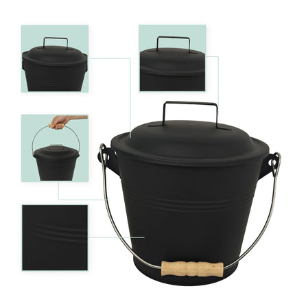 Ash Bucket with Brush and Shovel Set, Black Iron