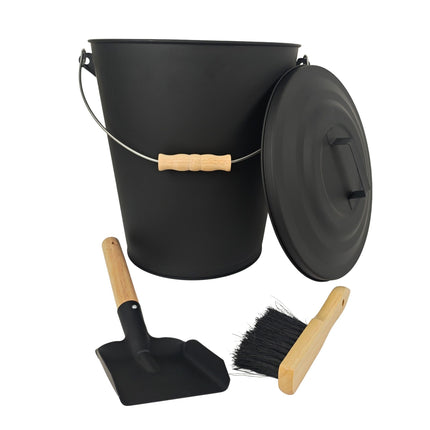 Ascheeimer mit Bürste und Schaufel-Set, Schwarz lackiertes Eisen