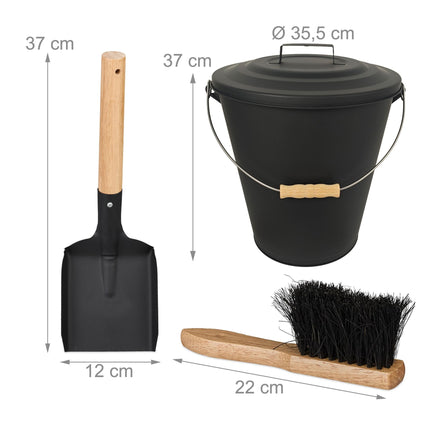 Ascheeimer mit Bürste und Schaufel-Set, Schwarz lackiertes Eisen