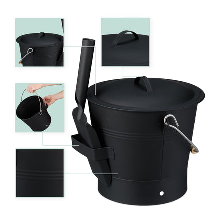 Ash Bucket with Lid & Sweeping Set, 7.5L – Black