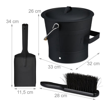 Ash Bucket with Lid & Sweeping Set, 7.5L – Black