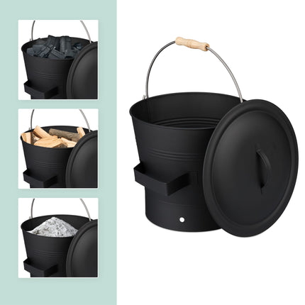 Ash Bucket with Lid & Sweeping Set, 7.5L – Black