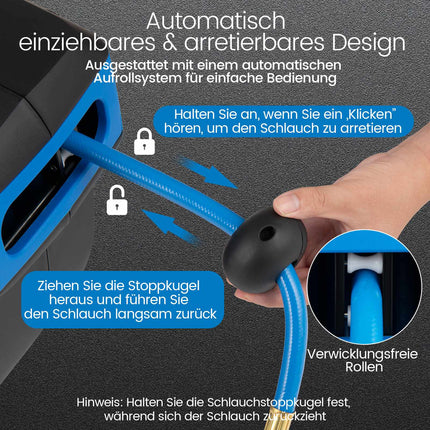 Automatischer Druckluftschlauchaufroller, 15m + 1,5m, Wandmontage-Kit