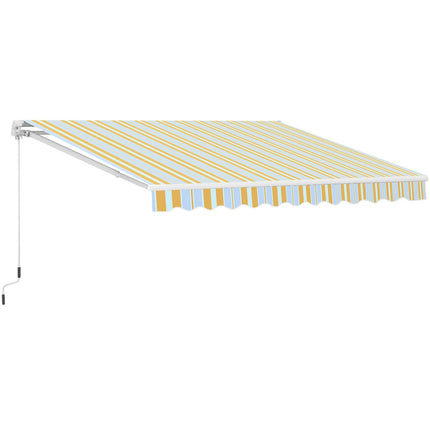 Yellow beige sun protection awning with hand crank, aluminium