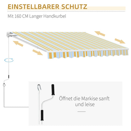Yellow beige sun protection awning with hand crank, aluminium