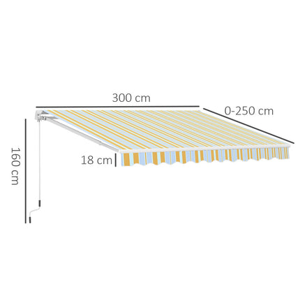 Yellow beige sun protection awning with hand crank, aluminium