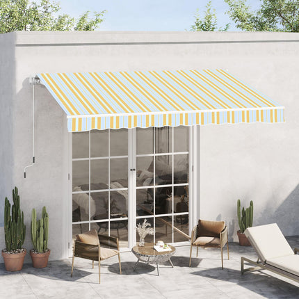 Yellow beige sun protection awning with hand crank, aluminium