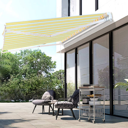 Yellow beige sun protection awning with hand crank, aluminium
