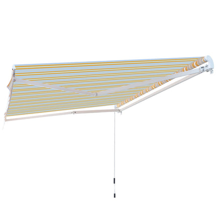 Yellow beige sun protection awning with hand crank, aluminium