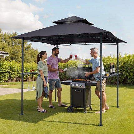 BBQ Grill Gazebo 8x5 ft, Double-Tier Roof, 2 Shelves