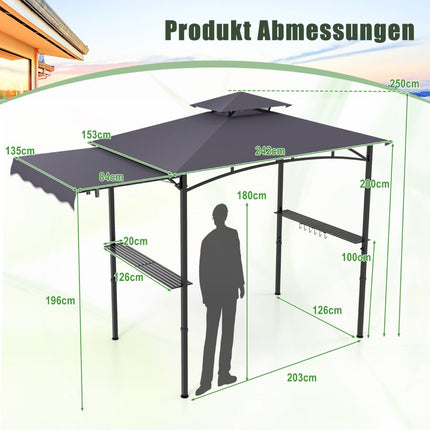 BBQ Pavillon mit Seitenmarkise, Doppeldach, Grau, 318x153x250cm
