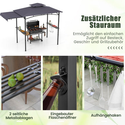 BBQ Pavillon mit Seitenmarkise, Doppeldach, Grau, 318x153x250cm