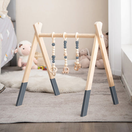 Baby Activity Gym, Foldable Wooden Play Gym With 3 Toys