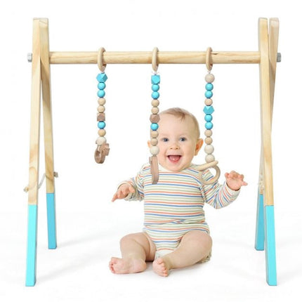 Baby-Spieltunnel, klappbares Holzgestell, 3 Hängespielzeuge – Blau
