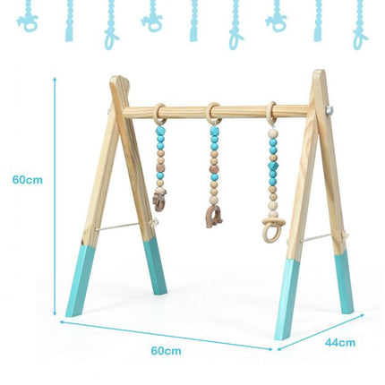 Baby-Spieltunnel, klappbares Holzgestell, 3 Hängespielzeuge – Blau