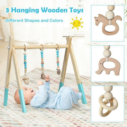 Baby-Spieltunnel, klappbares Holzgestell, 3 Hängespielzeuge – Blau