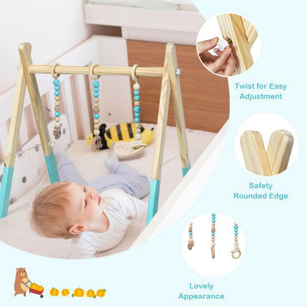Baby-Spieltunnel, klappbares Holzgestell, 3 Hängespielzeuge – Blau