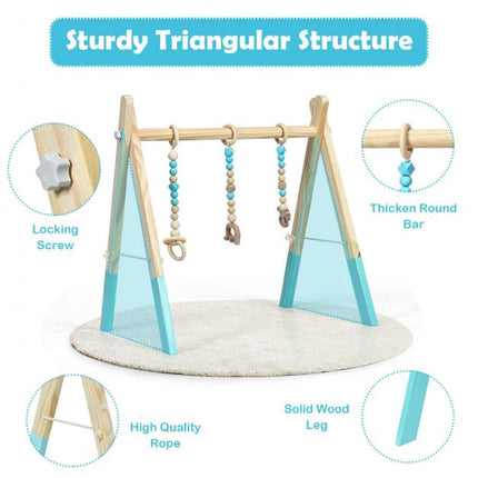 Baby-Spieltunnel, klappbares Holzgestell, 3 Hängespielzeuge – Blau