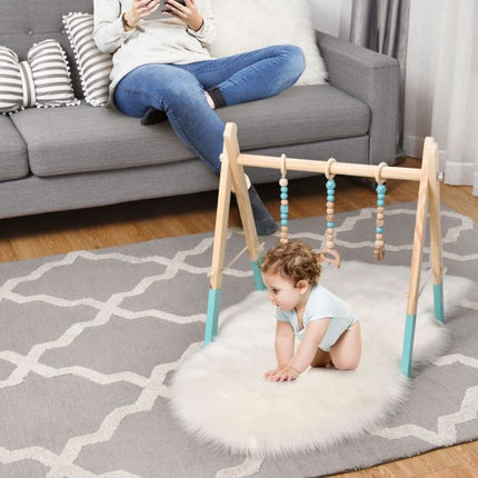 Baby-Spieltunnel, klappbares Holzgestell, 3 Hängespielzeuge – Blau