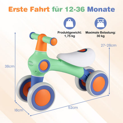 Baby Laufrad – Verstellbarer Sitz, 4 geräuscharme Räder, Grün