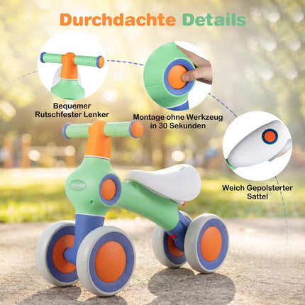 Baby Laufrad – Verstellbarer Sitz, 4 geräuscharme Räder, Grün