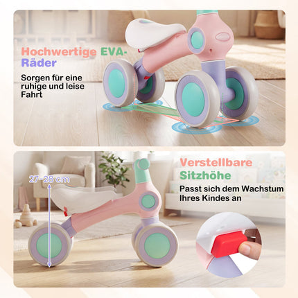 Dětské odrážedlo, nastavitelné sedlo, 4 tichá kolečka, růžová