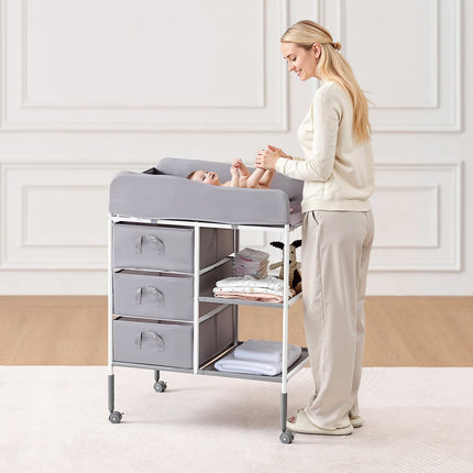Baby Changing Table, Adjustable Height, 3 Drawers, Gray