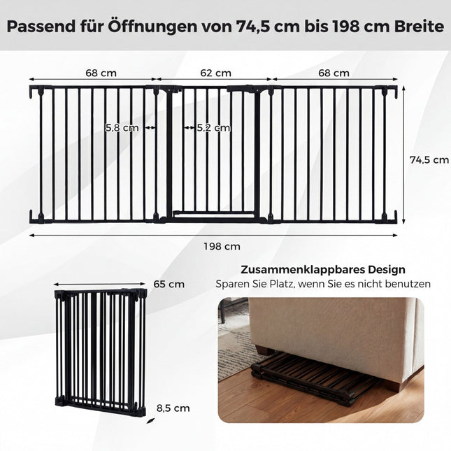 Treppenschutzgitter mit Doppelschloss und Schwenkmechanismus, Schwarz, 74,5-198 cm