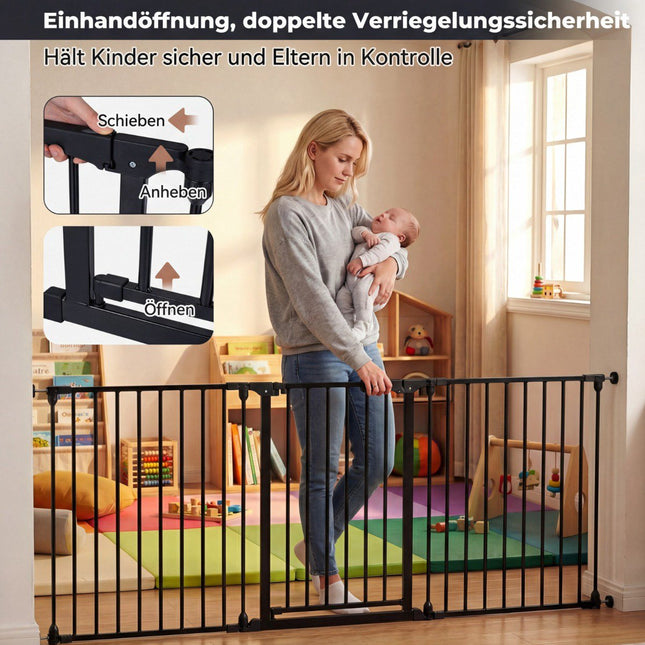 Treppenschutzgitter mit Doppelschloss und Schwenkmechanismus, Schwarz, 74,5-198 cm