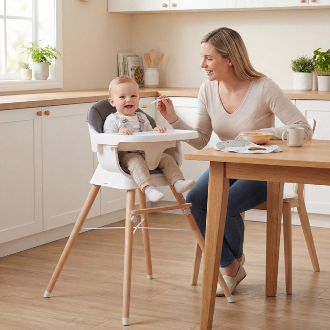 Babyhochstuhl, verstellbares Tablett, 5-Punkt-Gurt, Grau