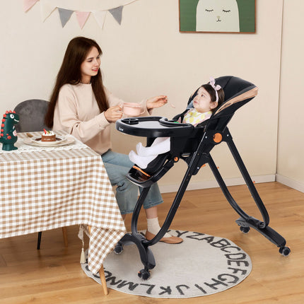 Babyhochstuhl, klappbare Rückenlehne, Rollen, Doppeltablett
