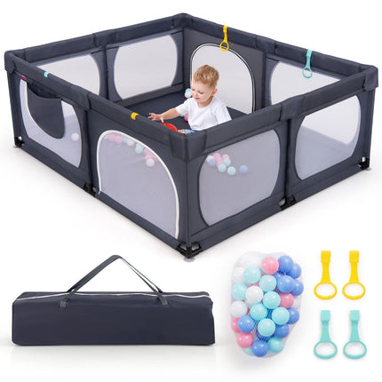 Baby-Laufstall mit 4 Zugringen &amp; 50 Ozeanbällen &amp; atmungsaktivem Netz &amp; Tragetasche Dunkelgrau