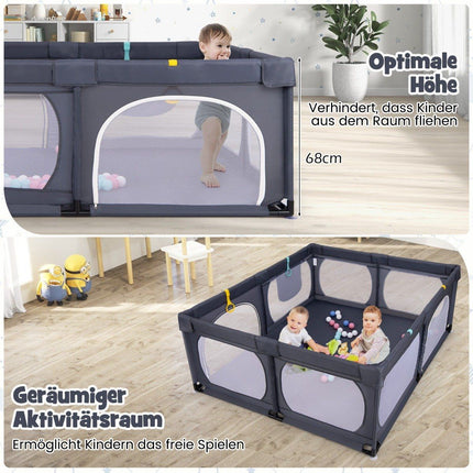 Baby-Laufstall mit 4 Zugringen &amp; 50 Ozeanbällen &amp; atmungsaktivem Netz &amp; Tragetasche Dunkelgrau