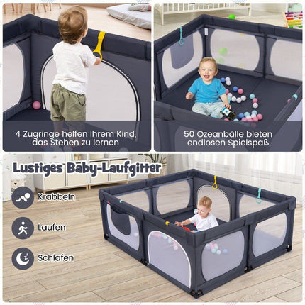 Baby-Laufstall mit 4 Zugringen &amp; 50 Ozeanbällen &amp; atmungsaktivem Netz &amp; Tragetasche Dunkelgrau