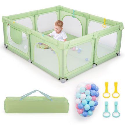 Baby Playpen with 4 Pull Rings & 50 Ocean Balls & Breathable Mesh & Carry Bag Green
