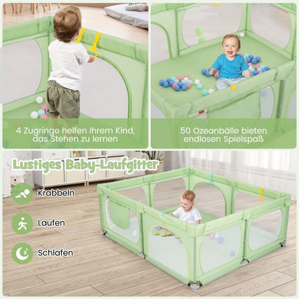 Baby Playpen with 4 Pull Rings & 50 Ocean Balls & Breathable Mesh & Carry Bag Green