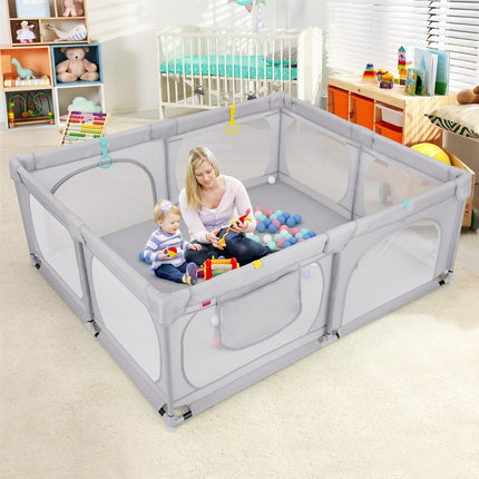 Parc pour bébé avec 4 anneaux de traction, 50 balles océaniques, filet respirant et sac de transport gris clair