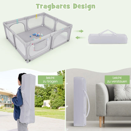 Parc pour bébé avec 4 anneaux de traction, 50 balles océaniques, filet respirant et sac de transport gris clair