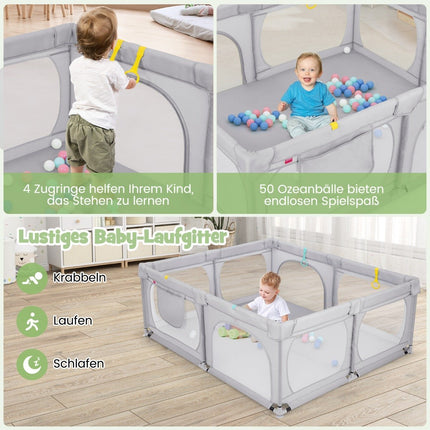 Parc pour bébé avec 4 anneaux de traction, 50 balles océaniques, filet respirant et sac de transport gris clair