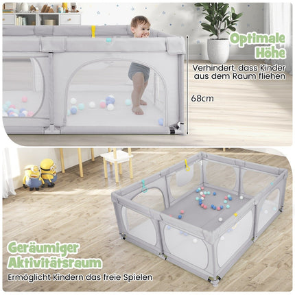 Parc pour bébé avec 4 anneaux de traction, 50 balles océaniques, filet respirant et sac de transport gris clair
