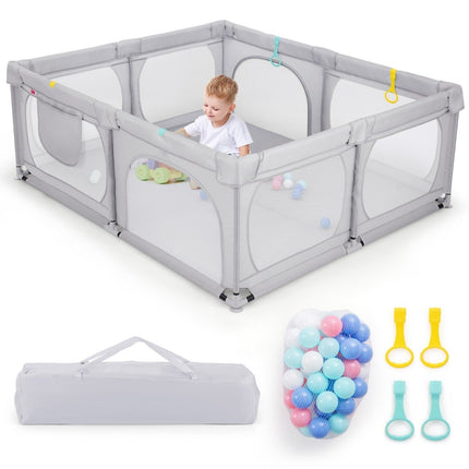Parc pour bébé avec 4 anneaux de traction, 50 balles océaniques, filet respirant et sac de transport gris clair