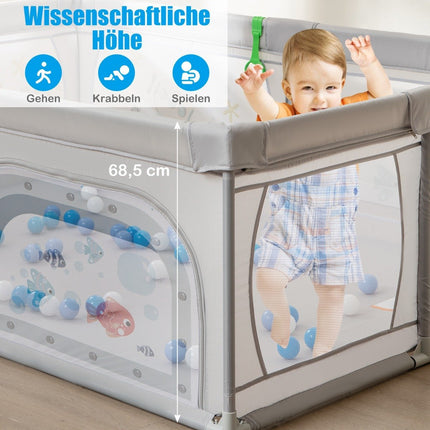 Baby-Laufstall mit 50 Bällen &amp; 2 Türen &amp; Atmungsaktivem Netz &amp; Reißverschluss Grauer Fisch