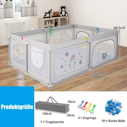 Babybox met 50 ballen, 2 deuren, ademend gaas en rits. Pinguïns