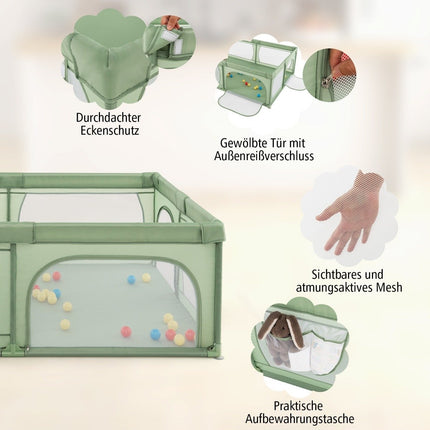 Parc pour bébé avec 50 balles, 2 portes, filet respirant et fermeture éclair, vert