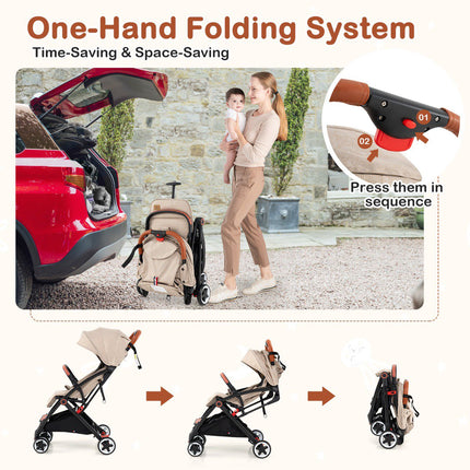 Kinderwagen, schnell zusammenklappbar, 95–175° neigbar, Verdeck, Beige