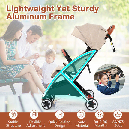Kinderwagen, schnell zusammenklappbar, 95–175° neigbar, Verdeck, Beige