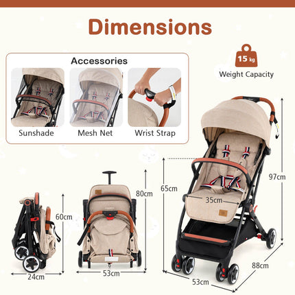 Kinderwagen, schnell zusammenklappbar, 95–175° neigbar, Verdeck, Beige