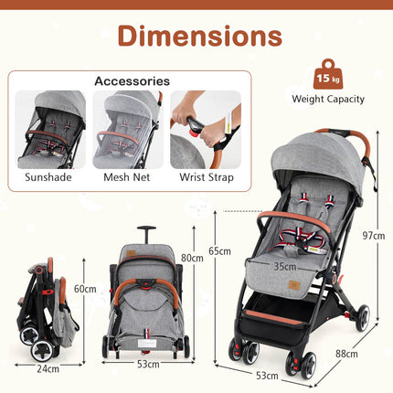 Kinderwagen mit Verdeck, 95-175° Neigung, Grau