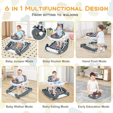 Baby Walker, Foldable 6-in-1, Adjustable Height, Music Tray