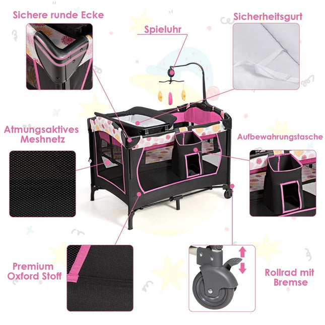 Babybett 4 in 1 Klappreisebett &amp; Beistellbett &amp; Wickelkommode &amp; Laufstall Schwarz + Rosa